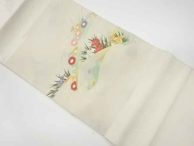 リサイクル　芝に菖蒲・菊・紅葉模様織出し名古屋帯